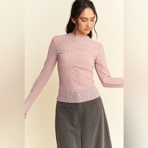 Davi & Dani Long Sleeve Sheer Small Embroidered Bows Lace Top